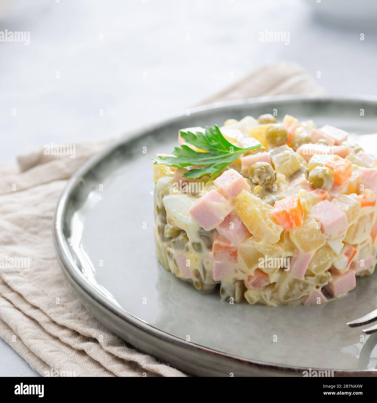 Russian salad Olivier with mayonnaise served in culinary ring on plate 
