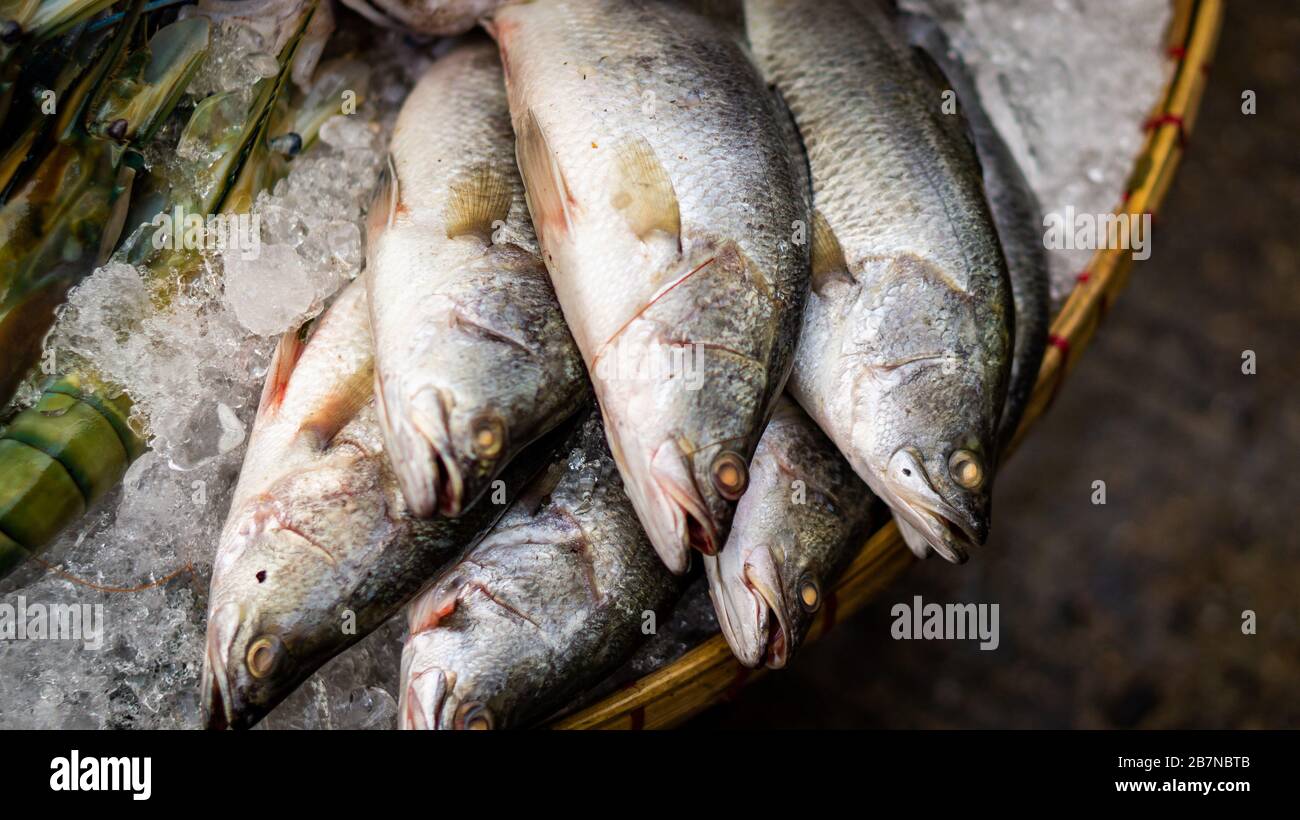 Fish on ice waiting to be sold in an asian streetmarket Stock Photo