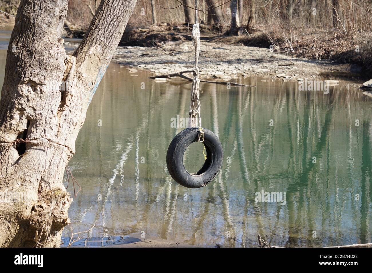 Tire swing over water Stock Photo Alamy