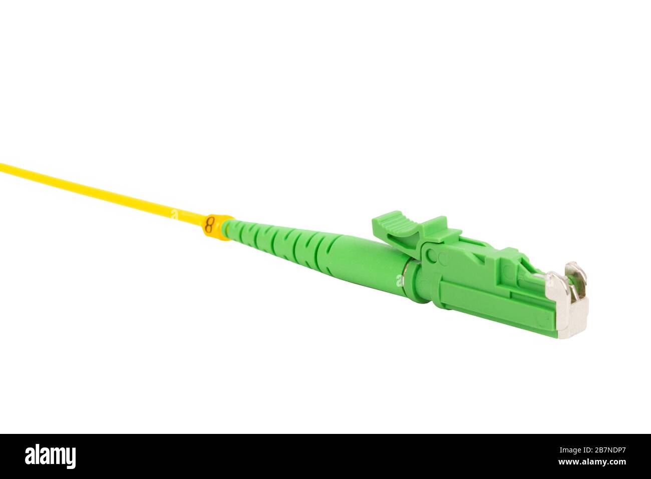 fiber optic single mode patch cord E2000 LSH connector isolated on white Stock Photo