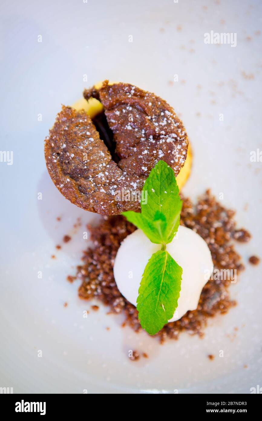 Chocolate pudding and ice cream Stock Photo