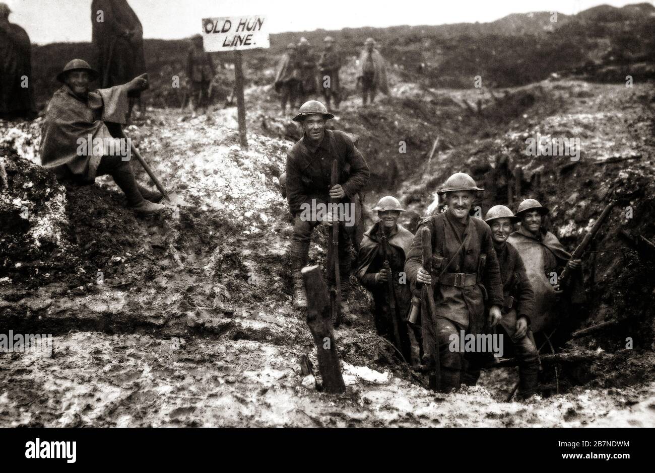 British troops in a German trench after the German Army retreated to the Hindenburg Line  in February 1917. Stock Photo