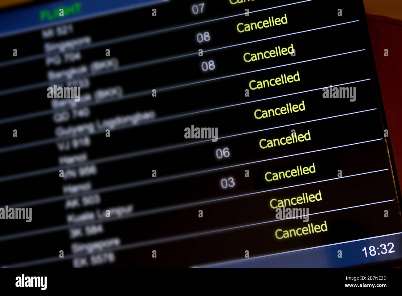Airport billboard panel with cancelled flights during coronavirus covid-19 epidemic crisis Stock Photo