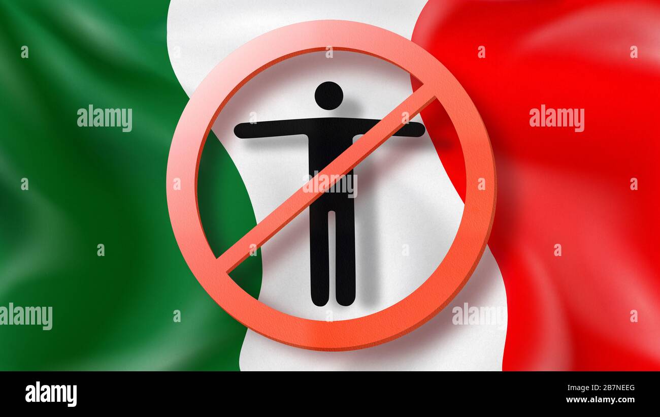 Warning sign with crossed out man on a background Italian flag. Stock Photo