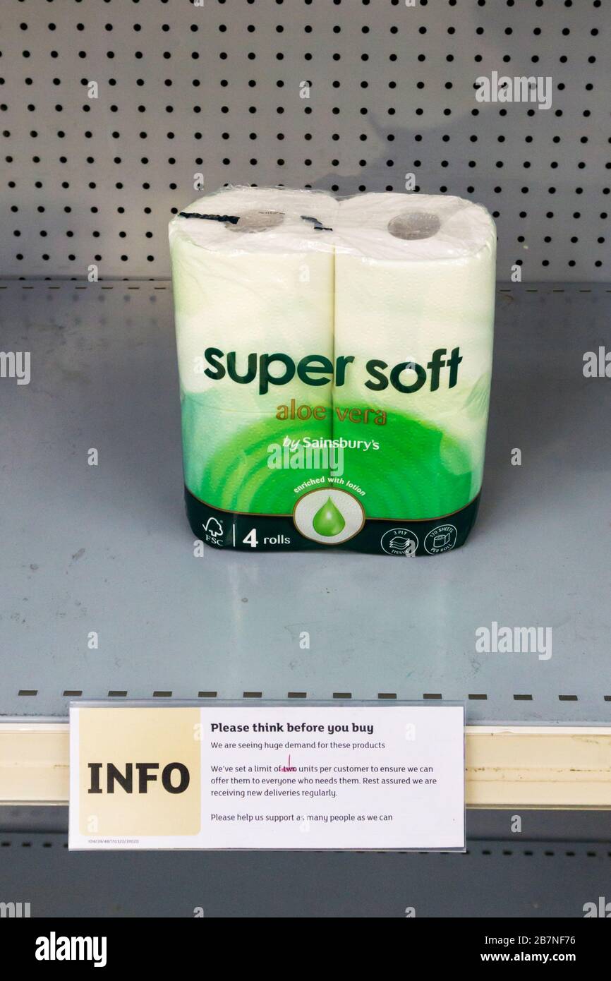 17 March 2020. Bromley, South London, UK.  Supermarkets are still experiencing shortages of toilet rolls due to people panic buying in the face of the Covid 19 Coronavirus pandemic.  Sainsbury's are rationing customers to one packet each.  Credit UrbanImages-news/Alamy Stock Photo