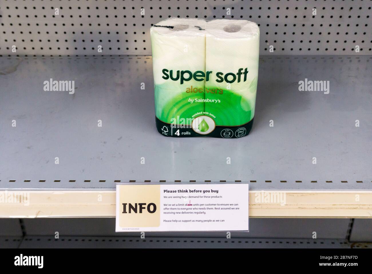 17 March 2020. Bromley, South London, UK.  Supermarkets are still experiencing shortages of toilet rolls due to people panic buying in the face of the Covid 19 Coronavirus pandemic.  Sainsbury's are rationing customers to one packet each.  Credit UrbanImages-news/Alamy Stock Photo