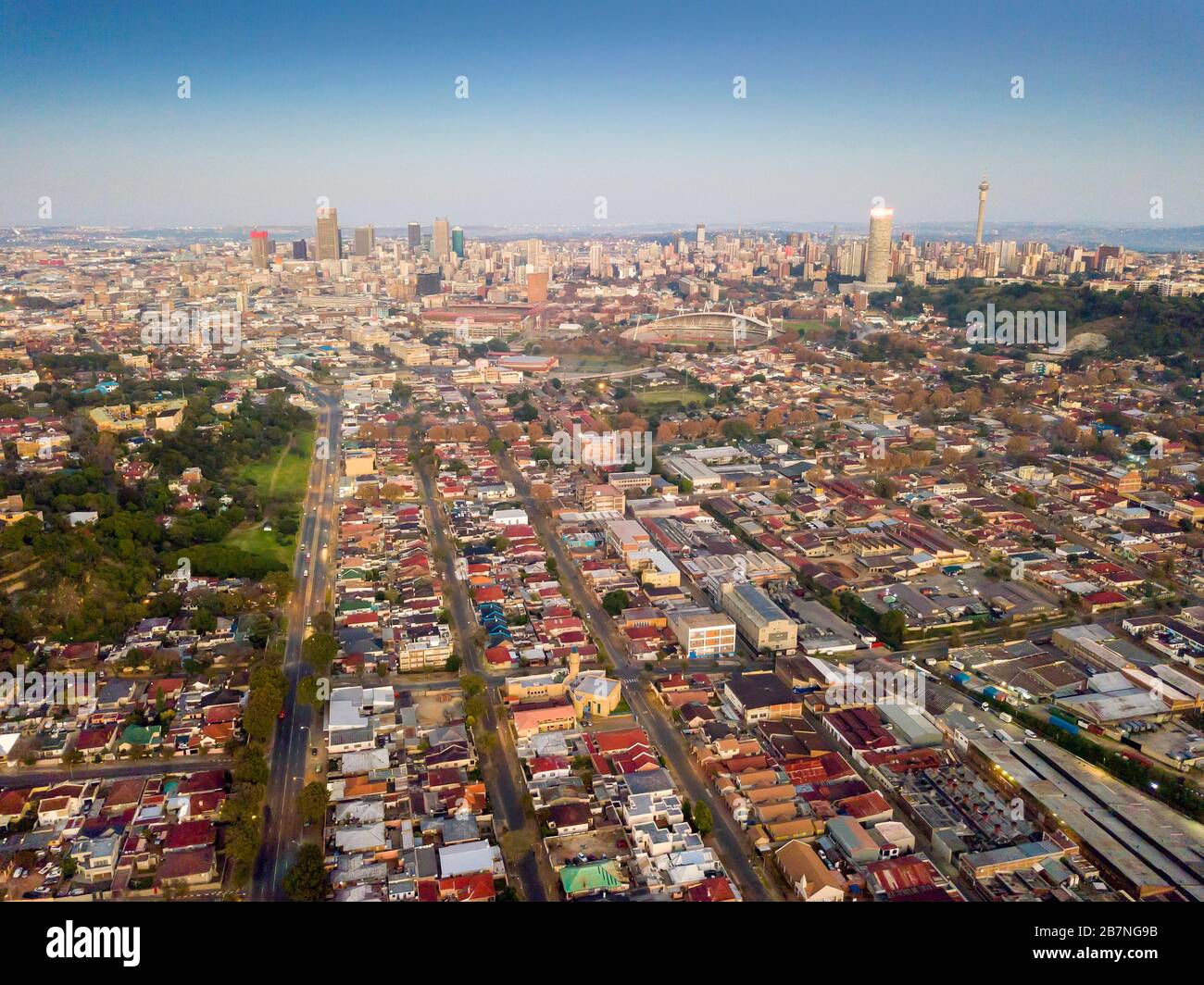 Aerial view of downtown of Johannesburg by sunset, South Africa Stock