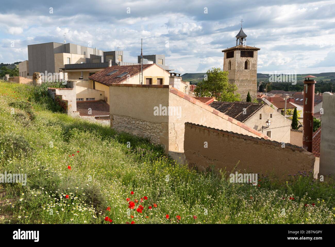 View of the village of Peñafiel with the Torre del Reloj in Castile and León, Spain. The landmark tower was built in 1086 as part of the Romanesque Ig Stock Photo