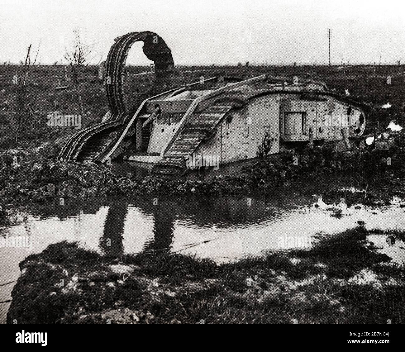 A British tank bogged down in the mud near St Julien, during the Third Battle of Ypres aka the Battle of Passchendaele, a campaign of the First World War, that took place on the Western Front, from July to November 1917, for control of the ridges south and east of the Belgian city of Ypres in West Flanders. Stock Photo