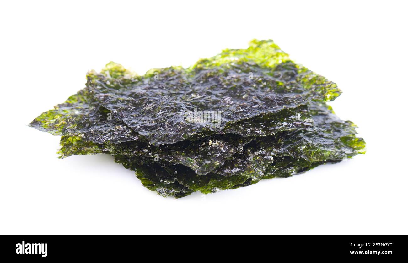 Crispy nori seaweed isolated on white background. Japanese food nori. Dry seaweed sheets Stock