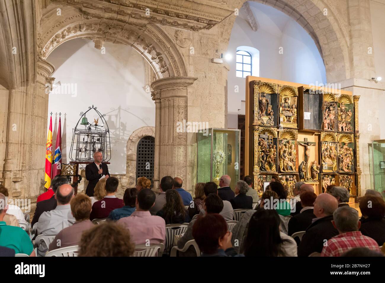 Dedication of a 17th century mechanical clock in the El Museo Comarcal de Arte Sacro in Peñafiel, Castile and León, Spain. The clock, once used the vi Stock Photo