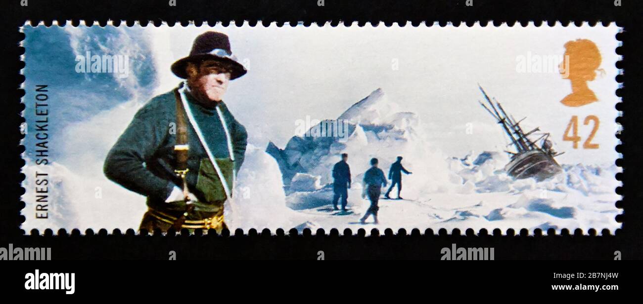 Postage stamp. Great Britain. Queen Elizabeth II. Extreme Endeavours (British Explorers). Ernest Shackleton (Antarctic explorer) and Endurance. Stock Photo