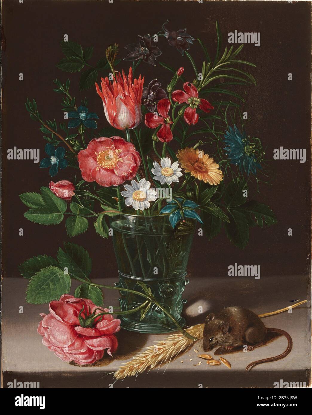 Flowers in a vase with a nibbling mouse. Found in the Collection of Museum Mayer van den Bergh, Antwerp. Stock Photo