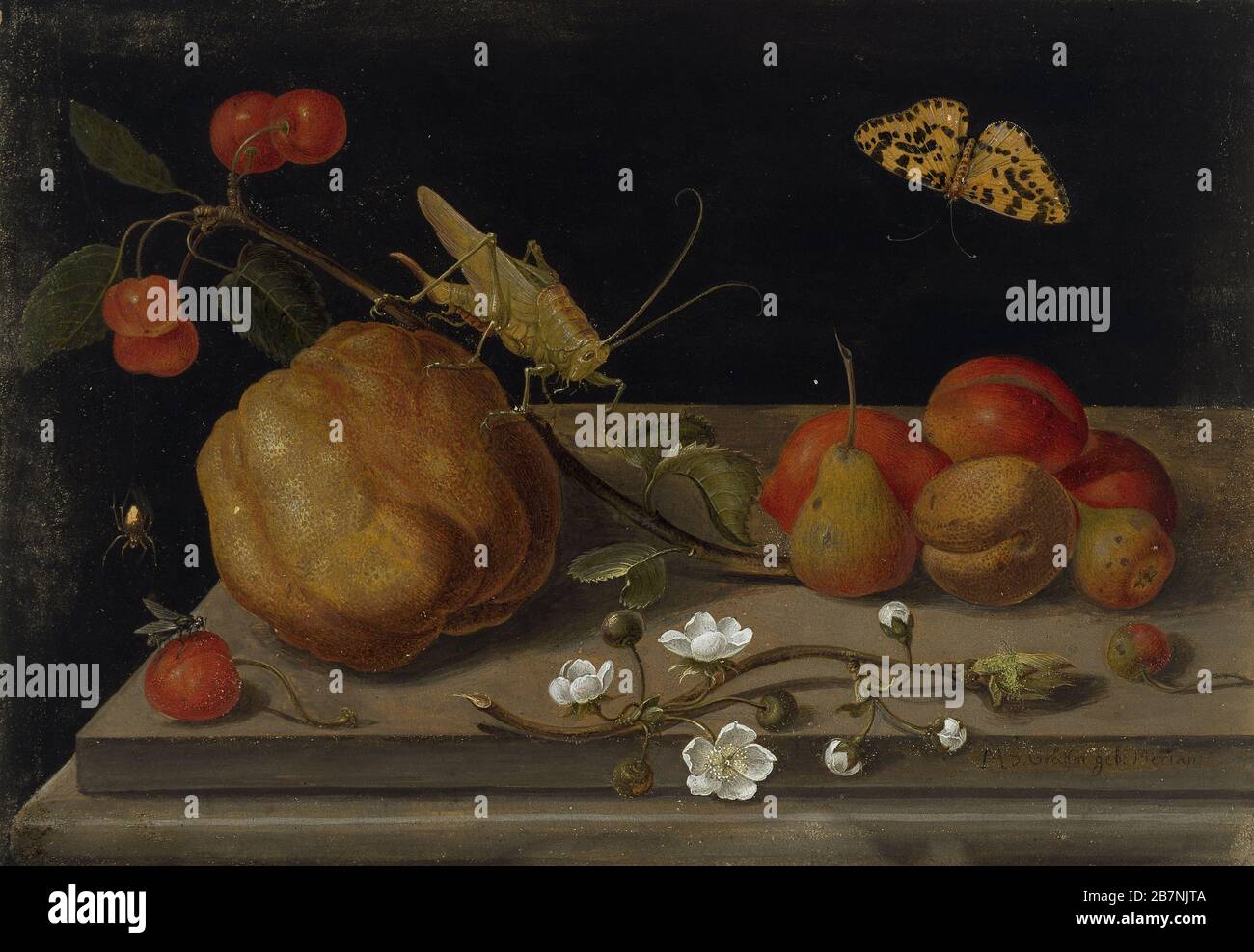 Still life with fruit, a grasshopper and a butterfly, Between 1670 and 1680. Found in the Collection of Staatliche Museen, Berlin. Stock Photo
