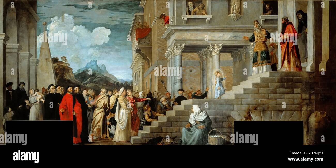 The Presentation of the Virgin at the Temple, 1534-1538. Found in the Collection of Gallerie dell'Accademia, Venice. Stock Photo