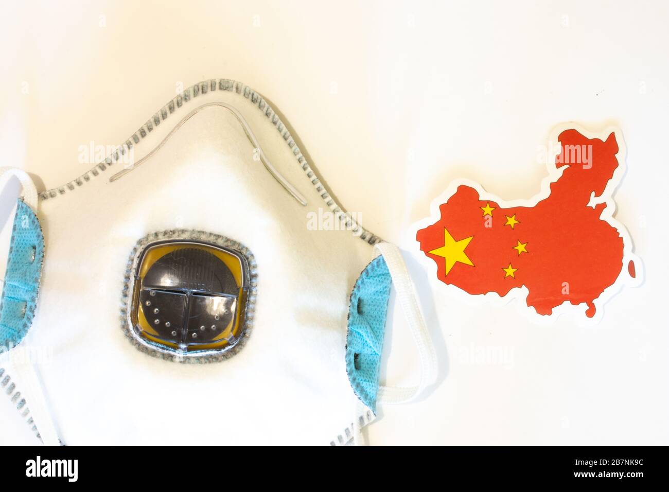 Respirator with China national country flag top view. Flat lay with