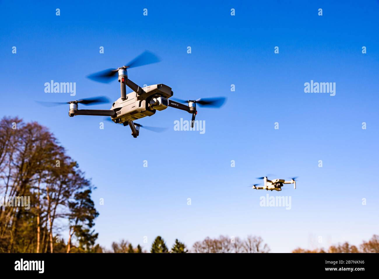 DJI Drones Mavic mini and Mavic 2 Pro flying together. Size difference