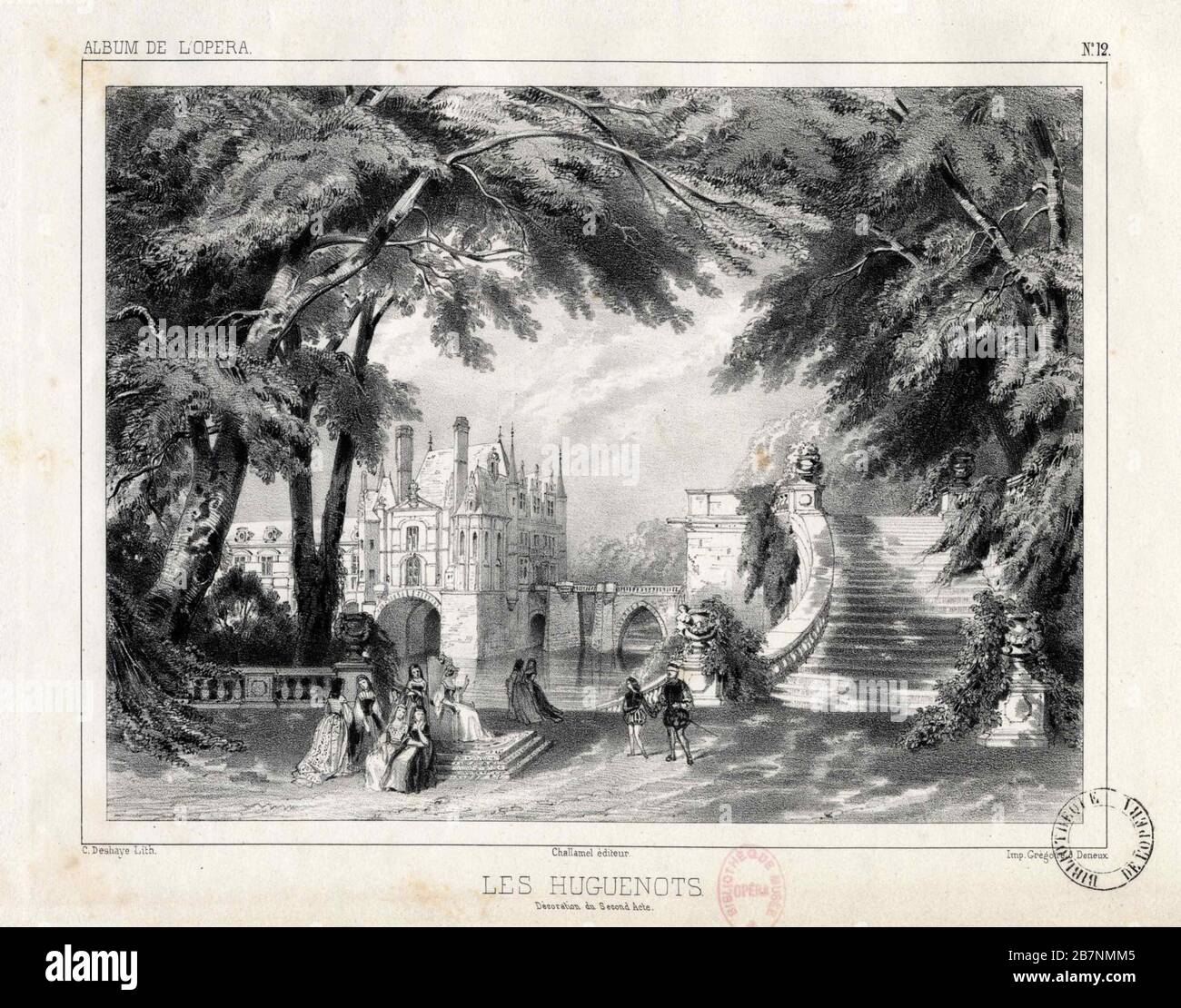 The castle and gardens at the Ch&#xe2;teau de Chenonceaux. Set of Act 2 of the opera Les Huguenots by Giacomo Meyerbeer , 1836. Found in the Collection of Biblioth&#xe8;que Nationale de France. Stock Photo