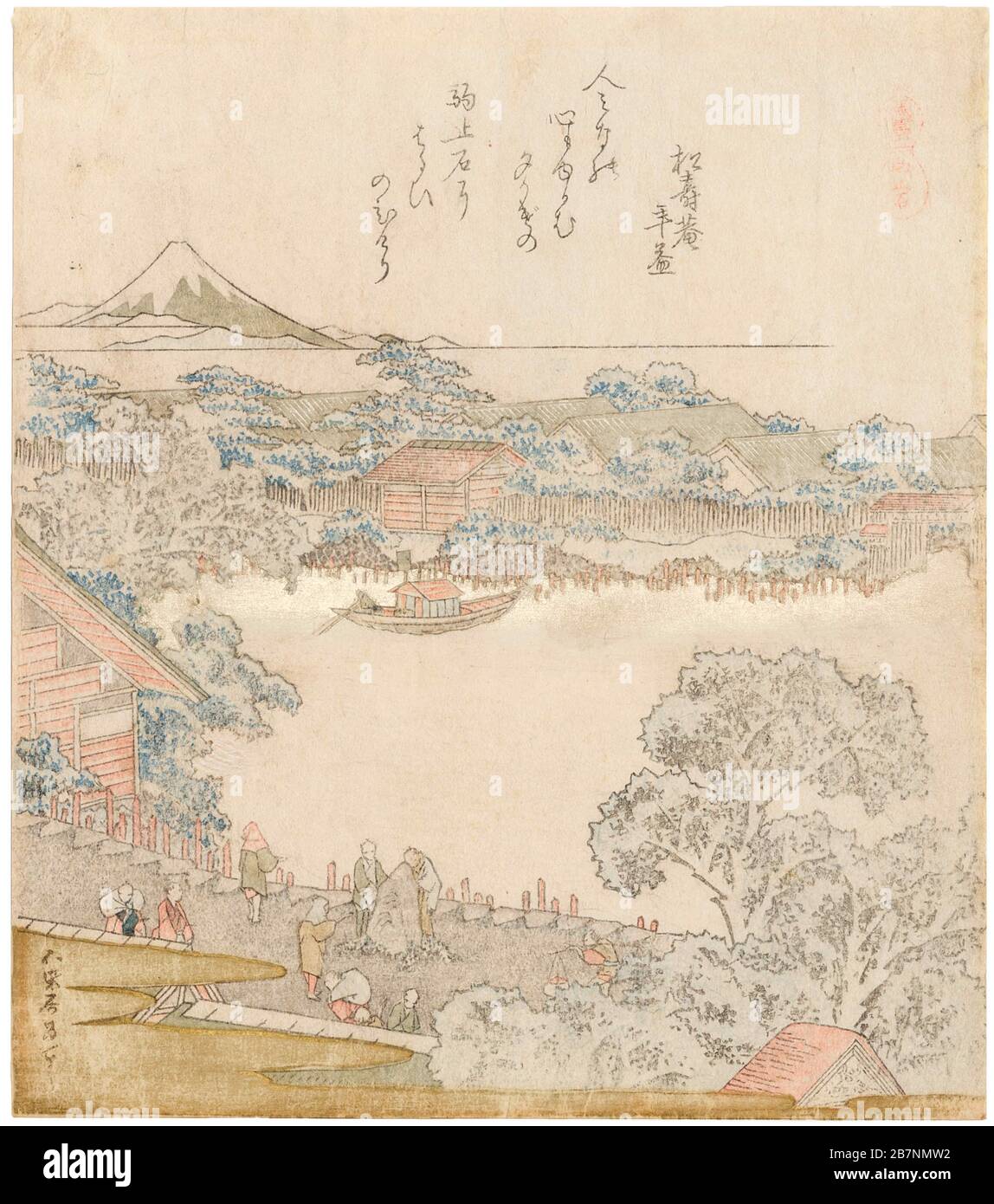 The banks of the Sumida river, Komatomeishi. Triptych from the series Umazukushi (A Series of Horses), left part, 1822. Private Collection. Stock Photo
