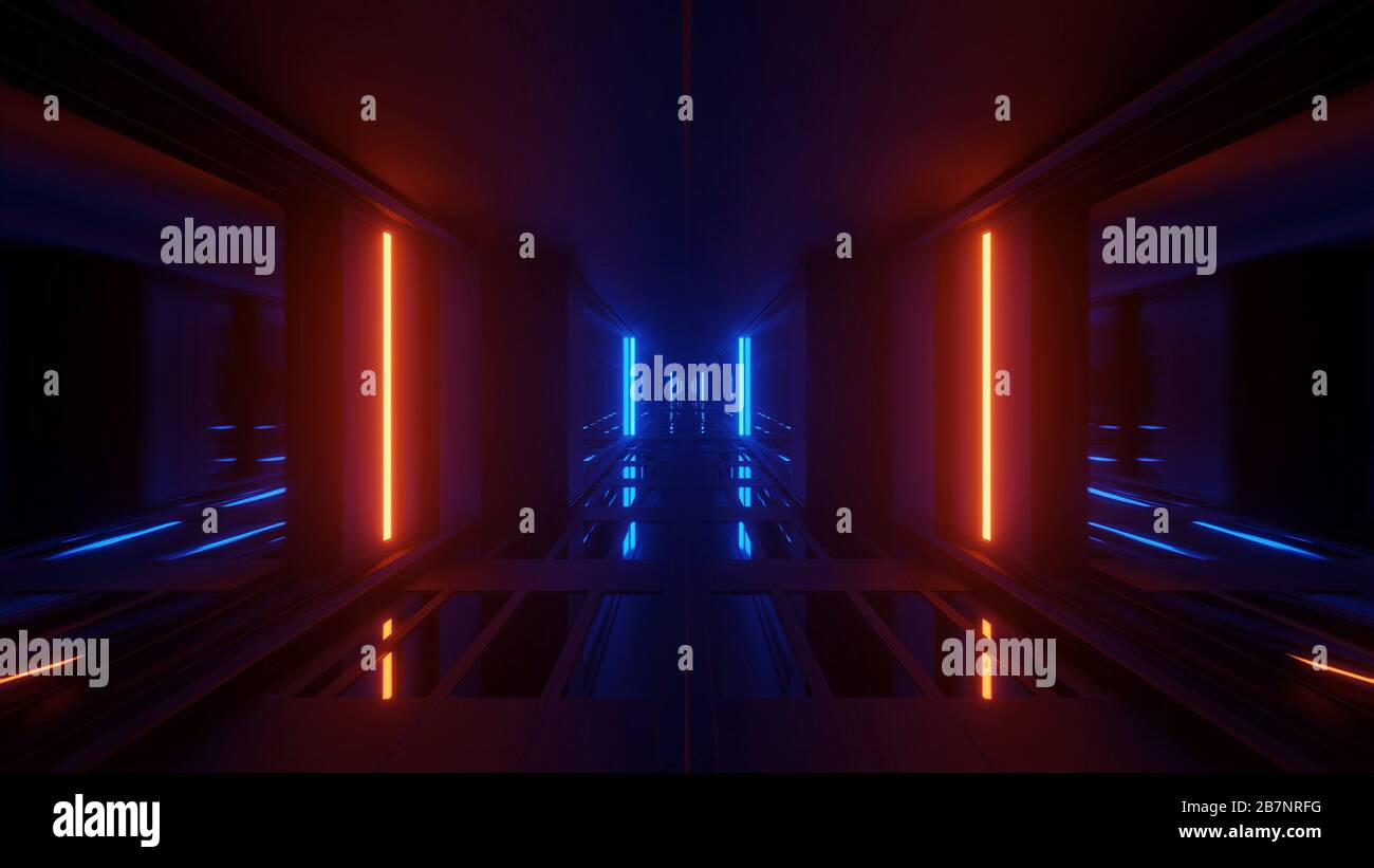 Rendering abstract futuristic background with a glowing neon blue and ...