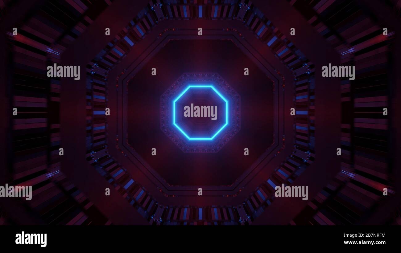 Rendering abstract futuristic background with a glowing neon blue ...