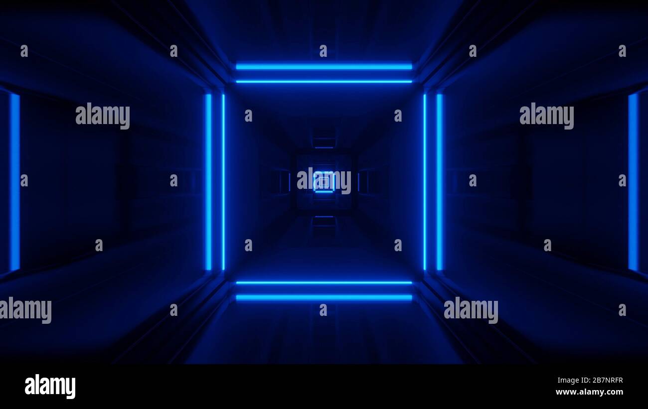 Rendering abstract futuristic background with a glowing neon blue ...