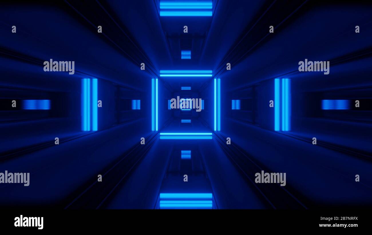 Rendering abstract futuristic background with a glowing neon blue ...