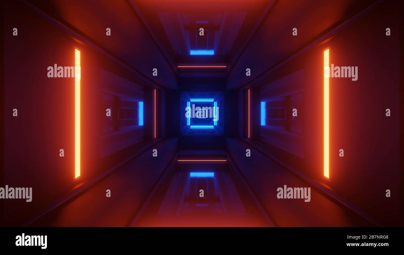 Rendering abstract futuristic background with a glowing neon blue and ...