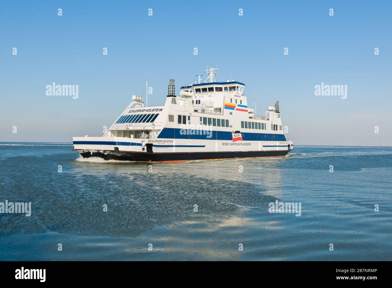 Ferry boat 'Schleswig-Holstein' connecting the North Sea islands with the mainland, Unesco World Heritage, North Frisia, Schleswig-Holstein, Germany, Stock Photo