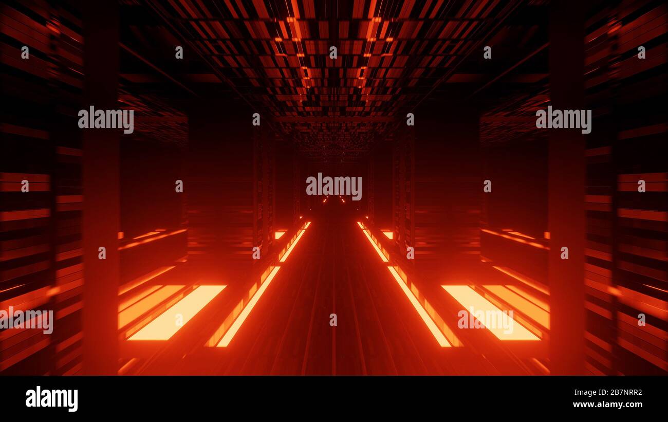 Rendering abstract futuristic background with a glowing neon orange ...