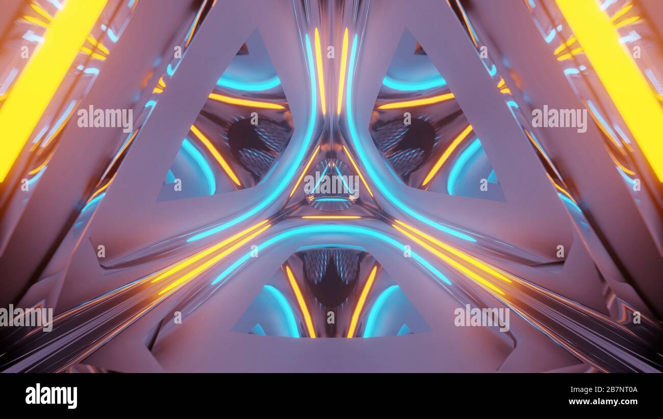 Rendering abstract futuristic background with a glowing neon lights ...