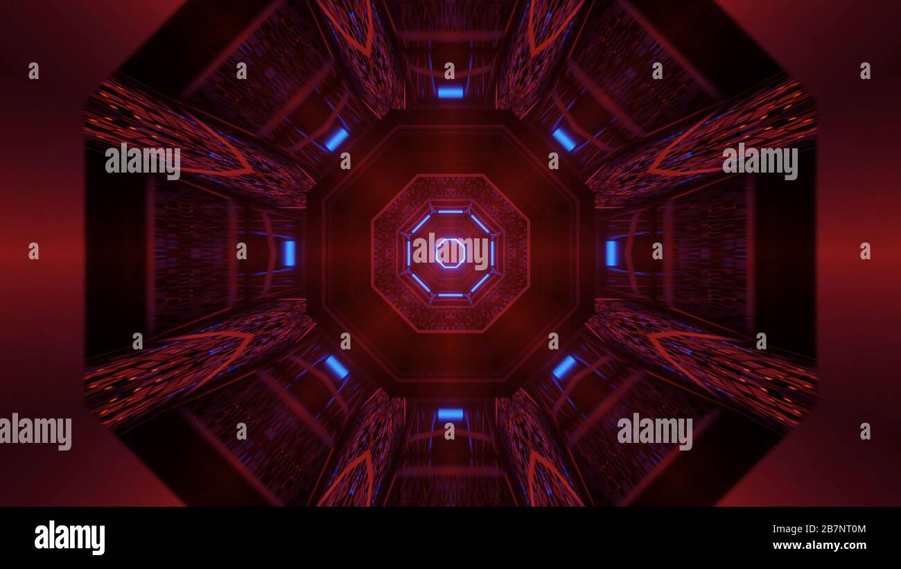 Rendering abstract futuristic background with a glowing neon blue ...