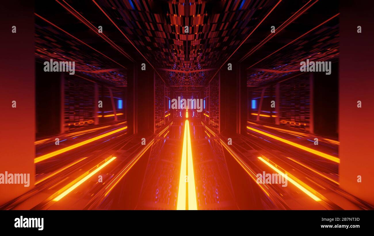 Rendering abstract futuristic background with a glowing neon blue and ...