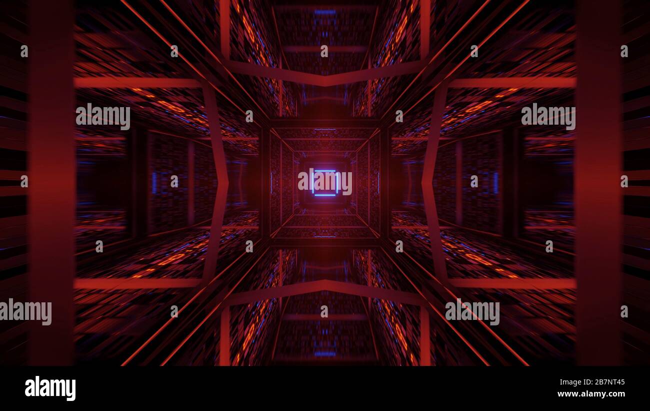 Rendering abstract futuristic background with a glowing neon blue ...
