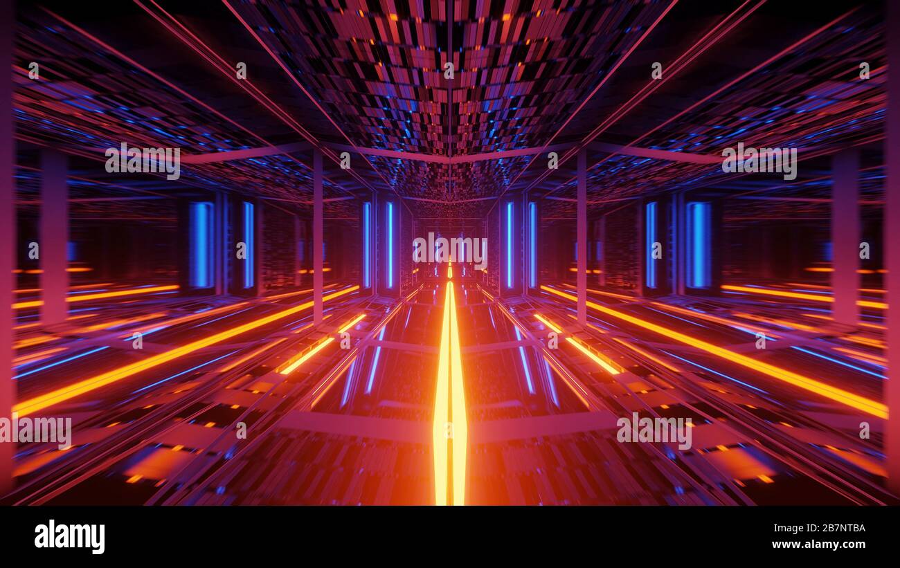 Rendering abstract futuristic background with a glowing neon blue and ...