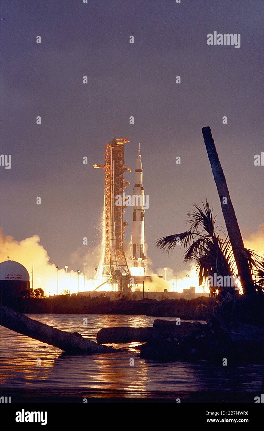 Apollo 14 - NASA, 1971. &#xa0;The Apollo 14 Saturn V Space Vehicle, carrying Astronauts Alan B. Shepard, Jr., Stuart A. Roosa, and Edgar D. Mitchell, lifted off at 4:03 p.m. EST on January 31, 1971, from the Kennedy Space Center Launch Complex 39A, to begin the fourth manned lunar landing mission. Stock Photo