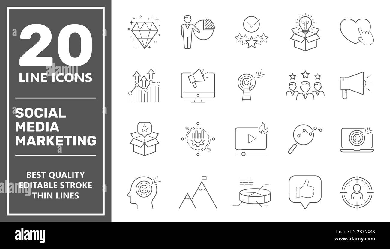 Social Media Marketing icons, SMM icons set collection. Includes simple elements such as Content, Video Marketing, Ad Targeting, Audience Marketing Stock Vector