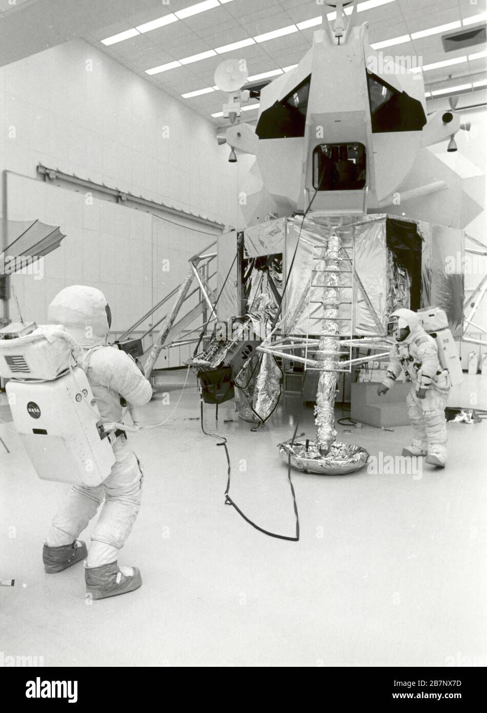 Apollo 13 - NASA, 1970. Apollo 13 astronauts James A. Lovell and Fred W. Haise, Jr., during practice moonwalk at Kennedy Space Center, 1970. Stock Photo