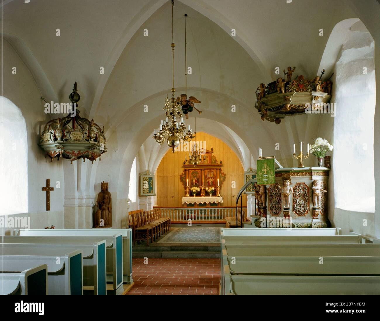Interior of Perstorp church, Perstorp, Sweden. It was erected during the latter part of the 12th century in Romanesque style with rectangular longhouse. Stock Photo