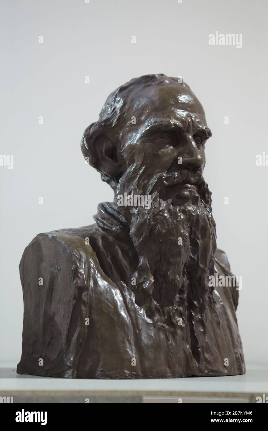 Bronze bust of Russian writer Leo Tolstoy by Russian artist Ilya Repin (1891) on display at the permanent exhibition of the National Gallery (Národní galerie) in the Veletržní palác (Trade Fair Palace) in Prague, Czech Republic. Stock Photo