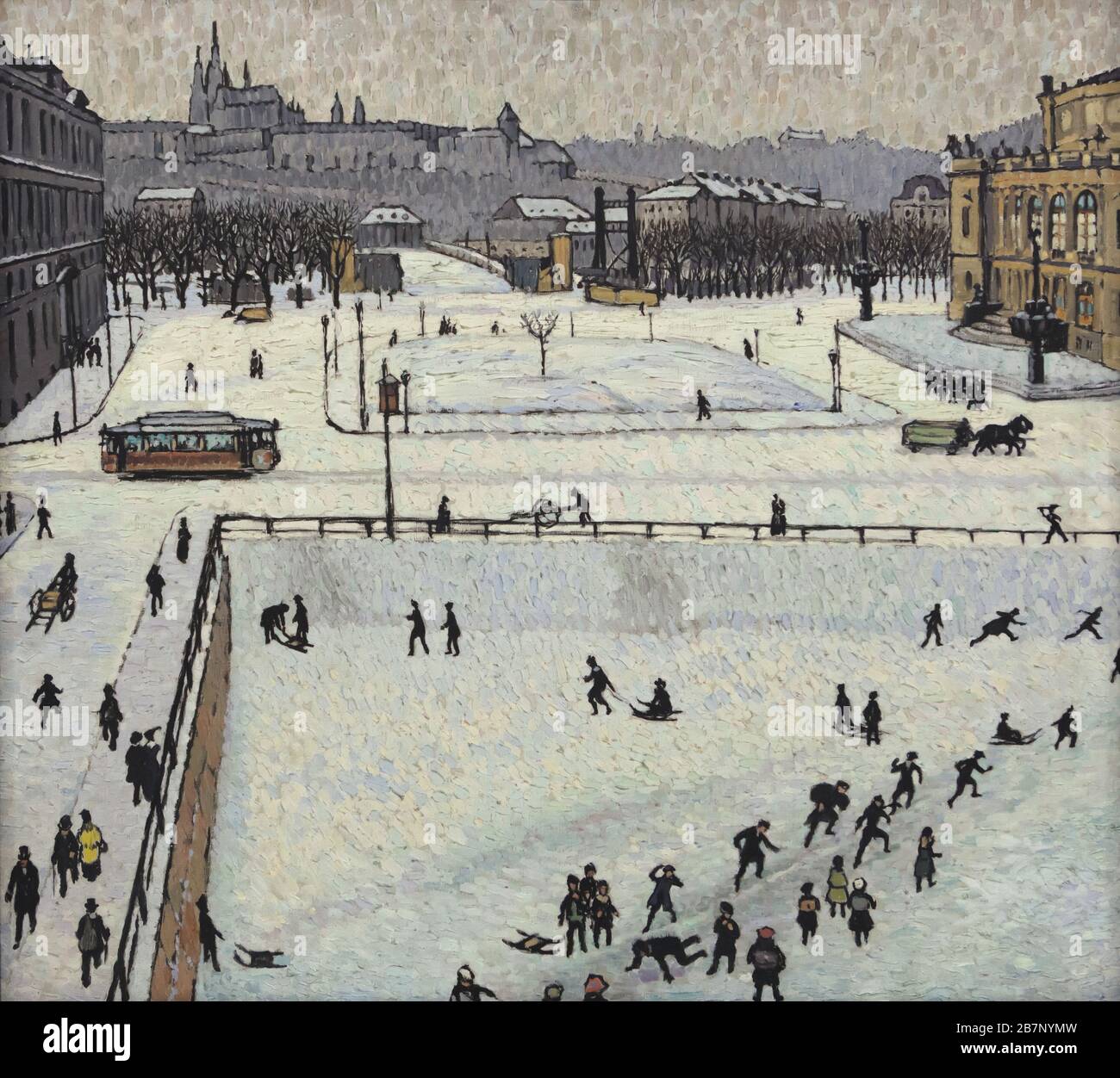 Painting 'Hradčany in Winter' by Czech modernist painter Jiří Jilovský (1914) on display at the permanent exhibition of the National Gallery (Národní galerie) in the Veletržní palác (Trade Fair Palace) in Prague, Czech Republic. The place previously known as Na Rejdišti and what in now known as Jan Palach Square (Náměstí Jana Palacha) in Prague, Czech Republic, is depicted in the painting. The Rudolfinum concert hall is seen at the right. The construction site of the Faculty of Arts (Filozofická fakulta) of Charles University (Univerzita Karlova) in seen in the foreground. Prague Castle and Hr Stock Photo