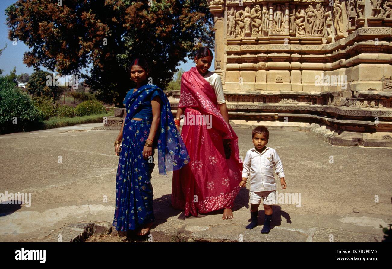 Khajuraho India Lakshmana Temple Hindu Women And Boy Stock Photo