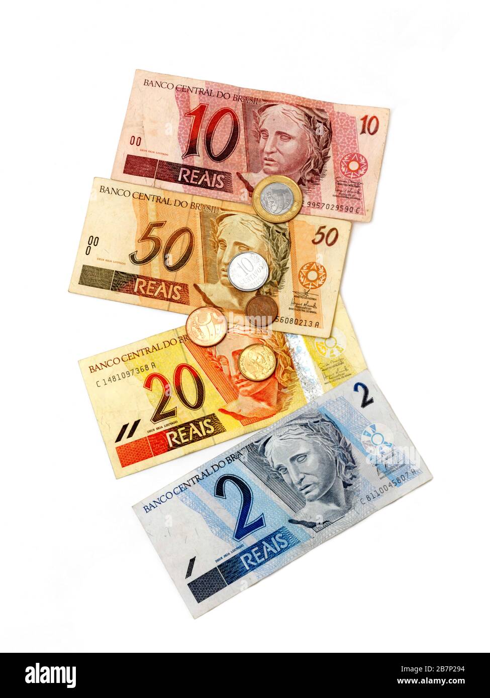 Brazilian Reias First Series (1994 - 2010) Banknotes and Reias and Centavos Coins Stock Photo