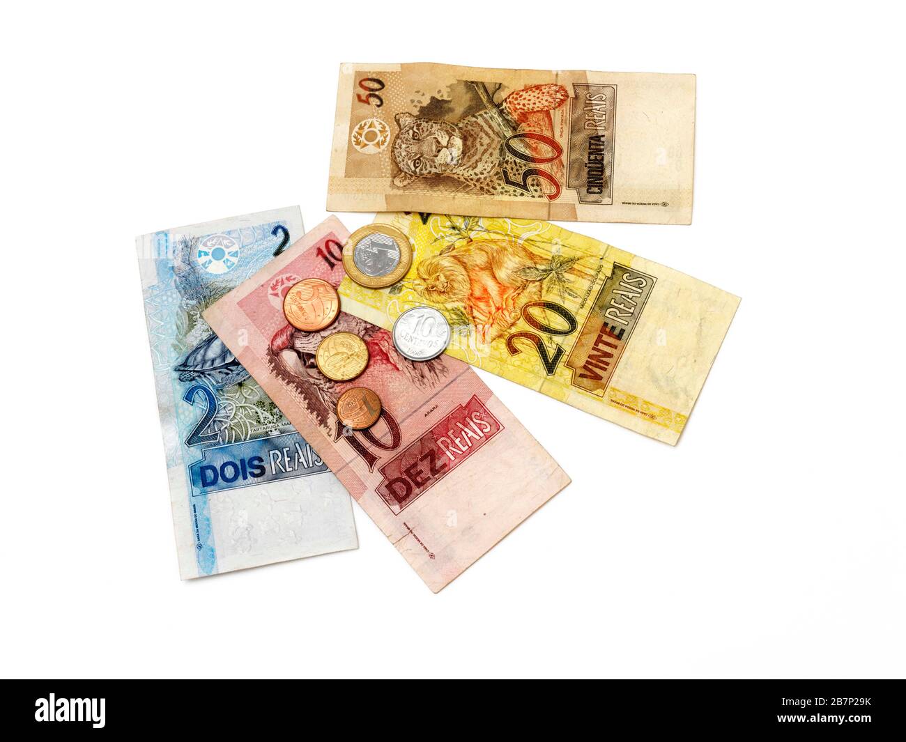 Brazilian Reias First Series (1994 - 2010) Banknotes and Reias and Centavos Coins Stock Photo