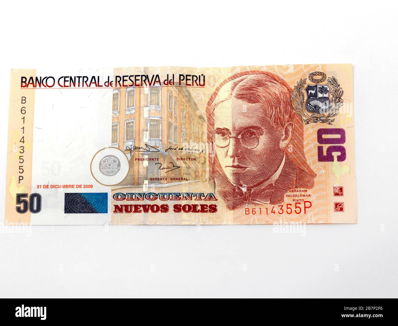 Banco Central De Reserva dd Peru Fifty Nuevos Soles Banknote depicting Abraham Valedolmar Peruvian wrter, Narrator and Poet Stock Photo