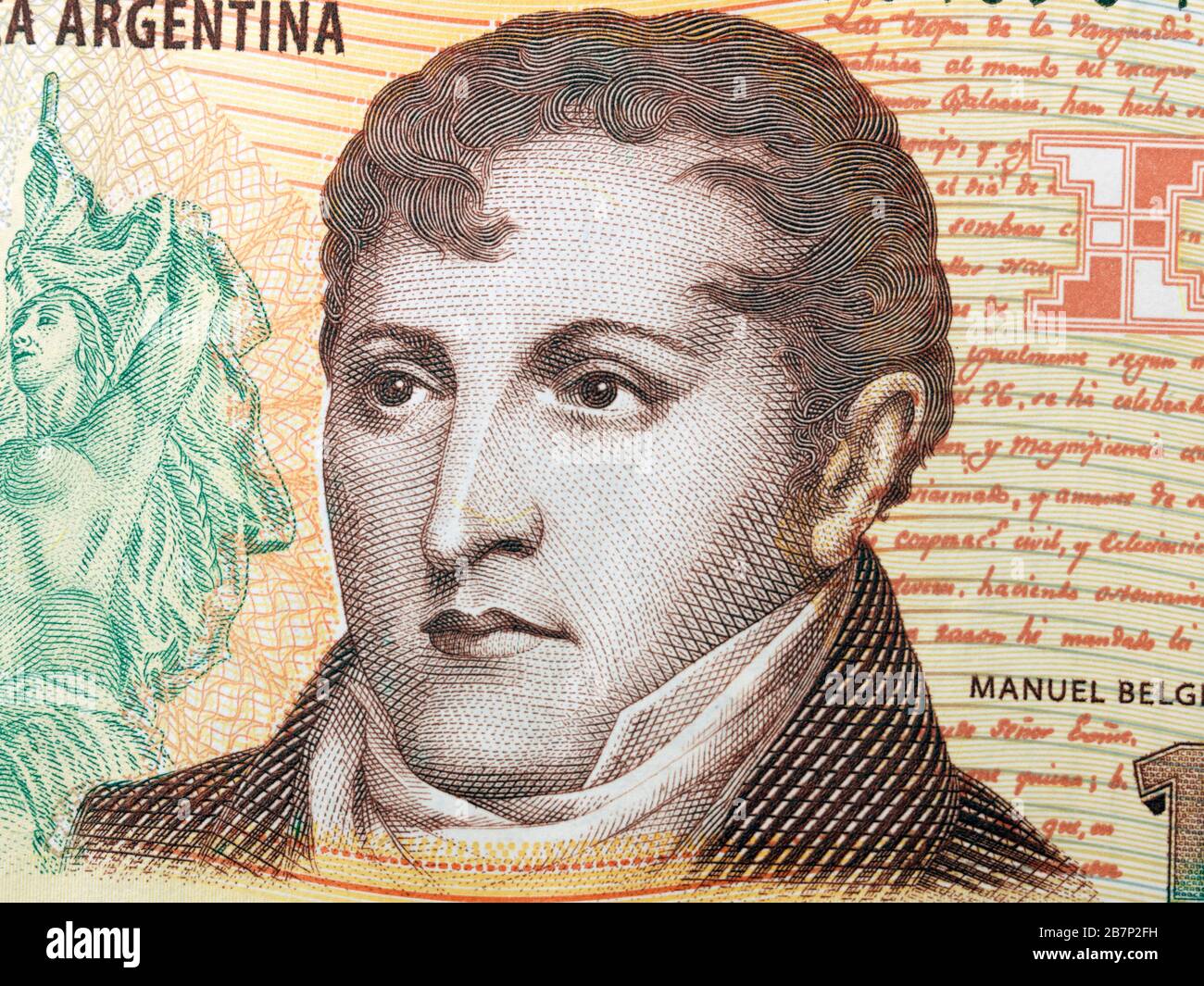 Banco De La Republica Argentina Ten Peso Banknote depicting Manuel Belgrano 1770-1820 Political Figure and Revolutionary General who created the Flag Stock Photo