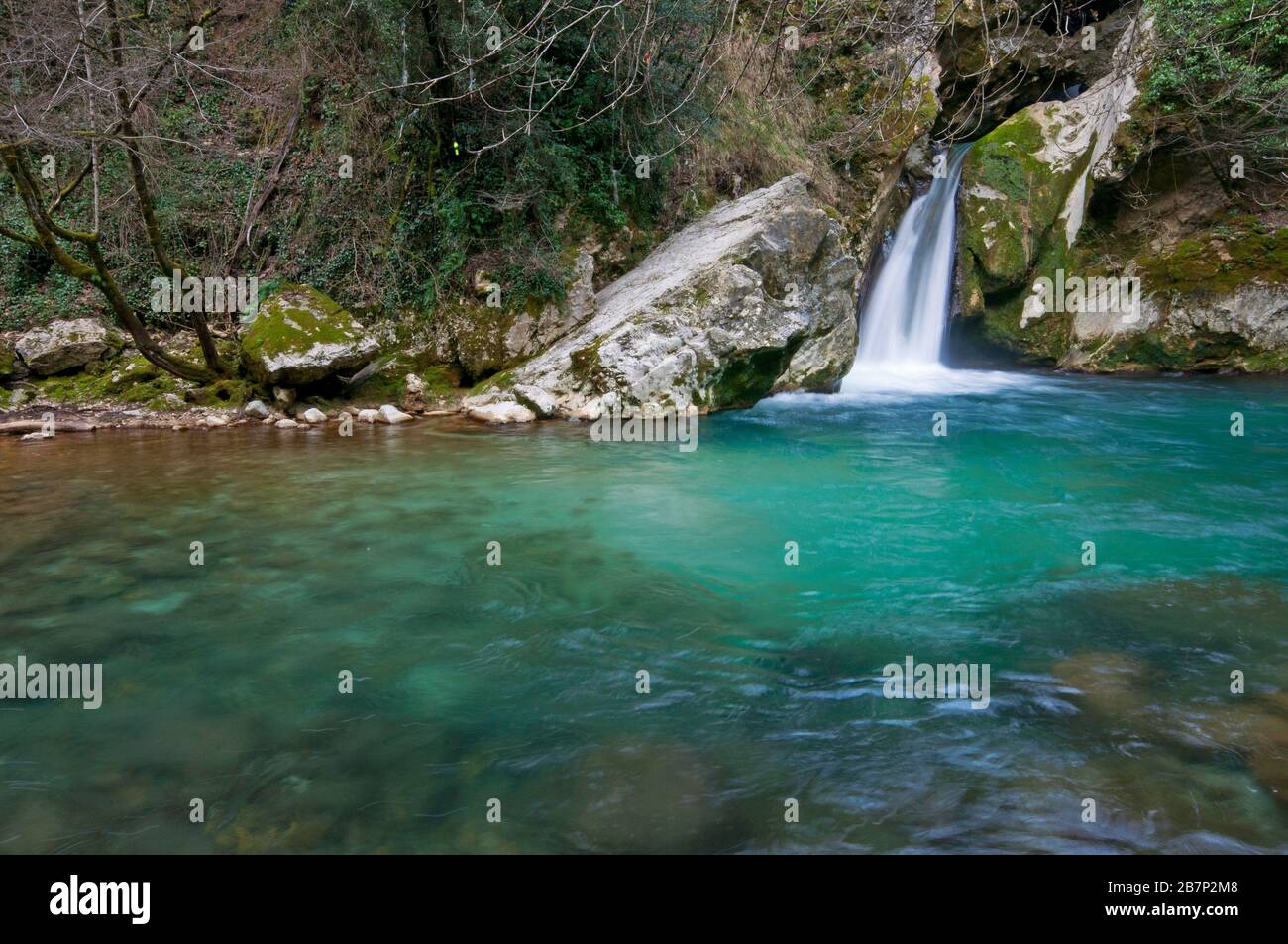 Saint Benedict lake with Aniene river waterfall near Subiaco, Simbruini Mountains Regional Park, Lazio, Italy Stock Photo