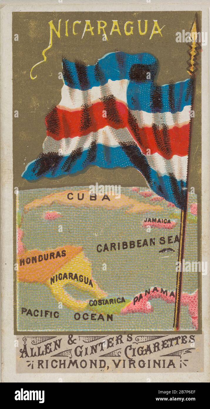 Nicaragua, from Flags of All Nations, Series 1 (N9) for Allen &amp; Ginter Cigarettes Brands, 1887. Stock Photo