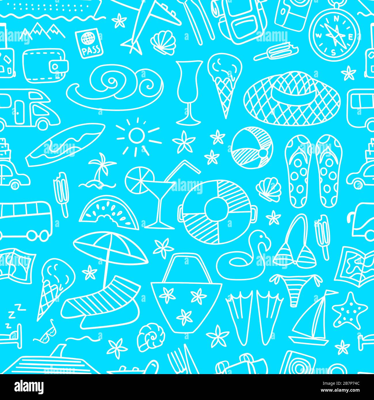 Seamless pattern with summer travel hand drawn icons on azure ...