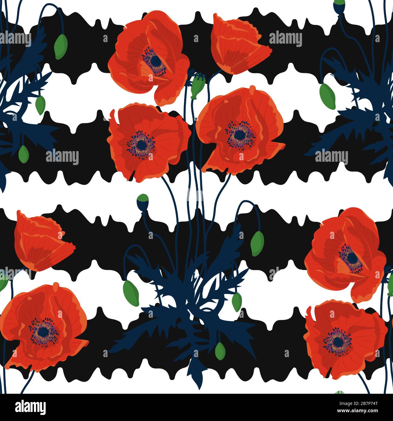 Seamless pattern with hand drawn red poppy flowers on black and white ...